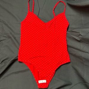 Topshop Red Bodysuit White Polka Dots Tank Cotton Blend. Size 10.